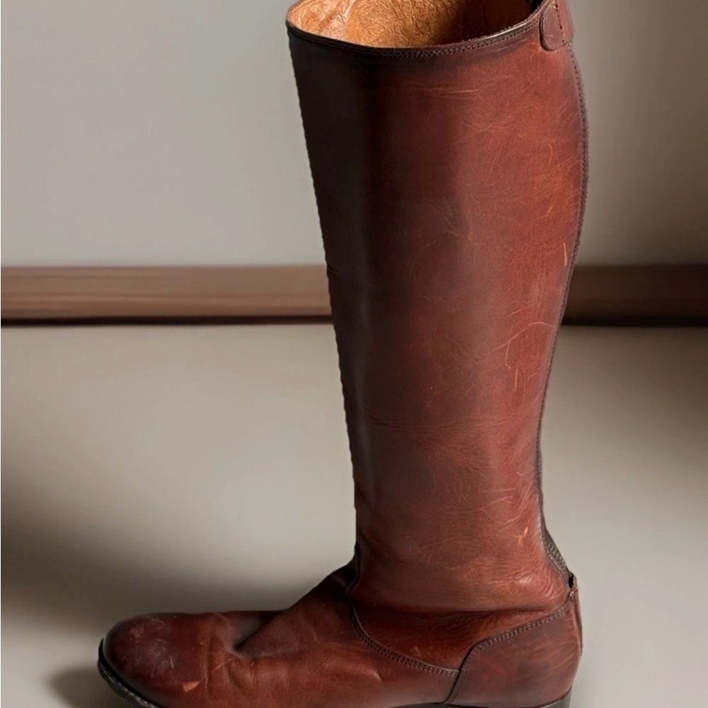 FRYE TALL COGNAC LEATHER MELISSA RIDING BOOTS with BACK ZIPPER & SNAP TABS - Picture 8 of 13